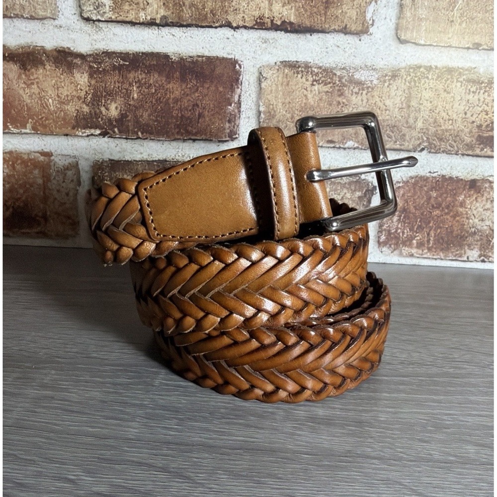Cole Haan Braided Woven Genuine Leather Brown Belt Silver Buckle Size
